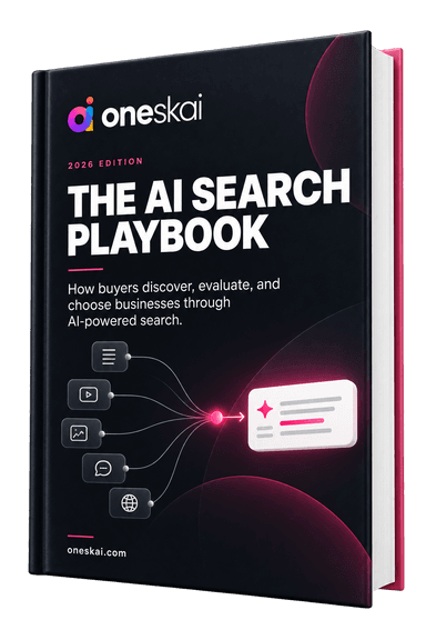 AI Search Playbook 2026 edition book cover, featuring AI-powered search visuals and the subtitle How buyers discover, evaluate, and choose businesses through AI-powered search
